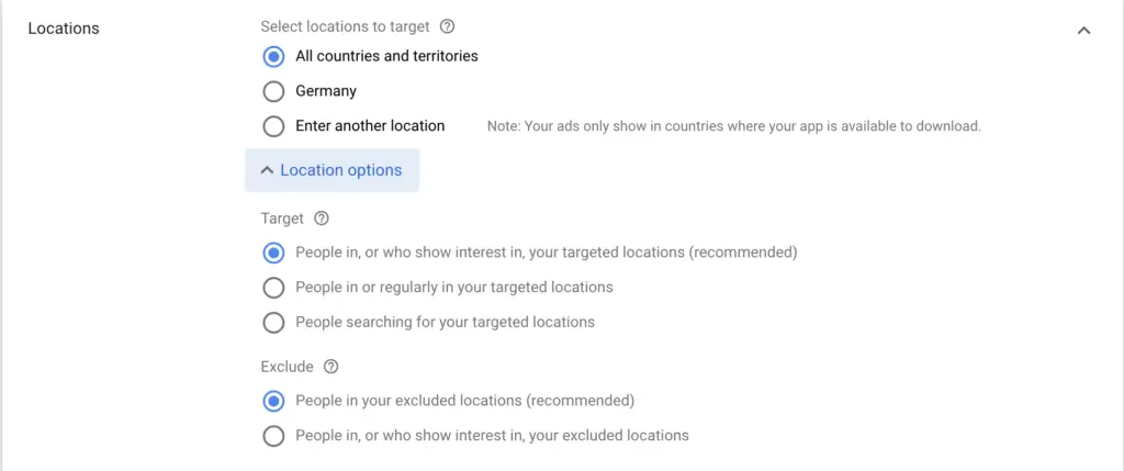 اسکرین شات بخش تنظیمات منطقه جغرافیایی و زبان تبلیغات اپلیکیشن در پنل گوگل ادز